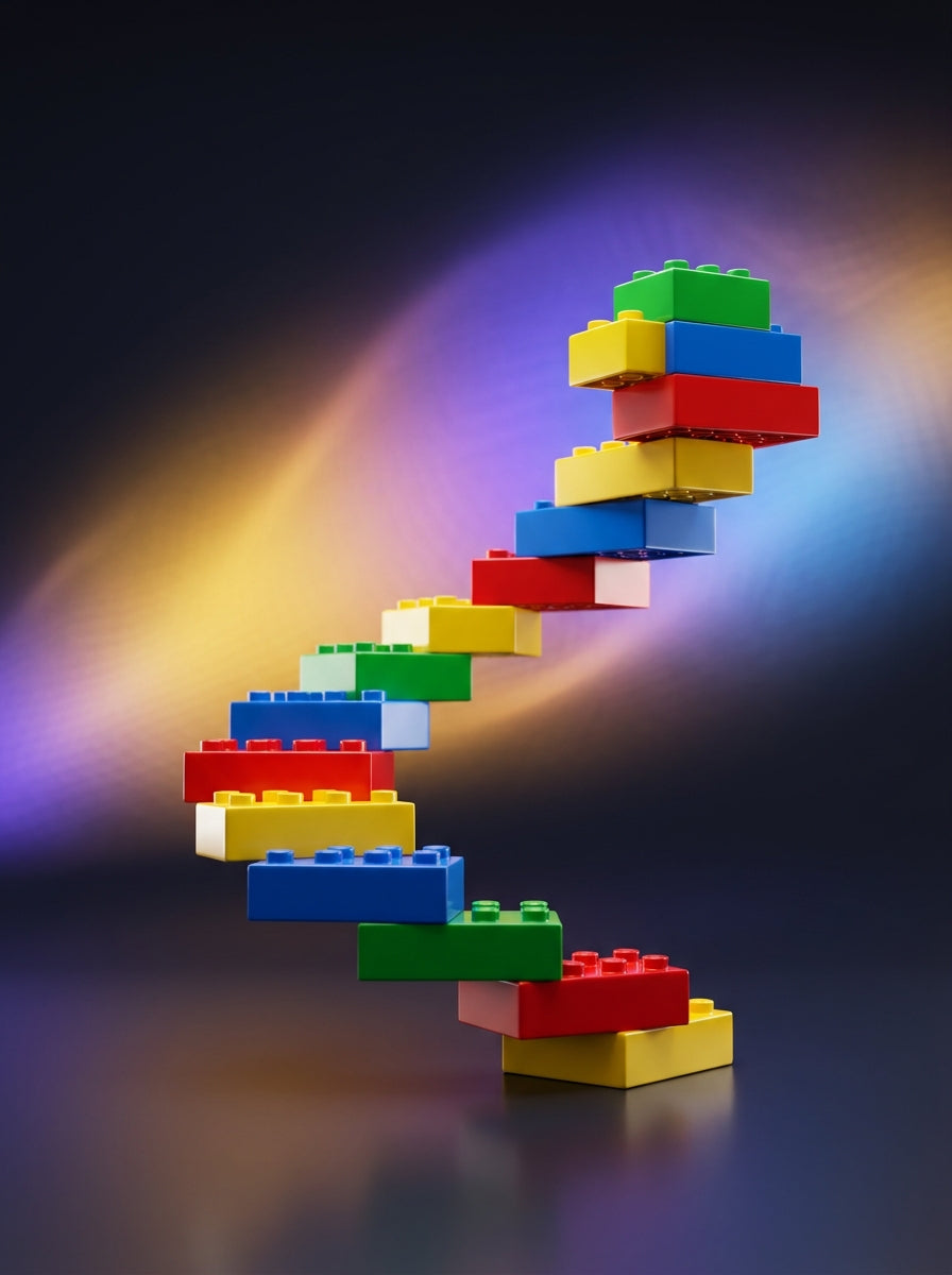 Bloques de construcción compatibles apilados en forma ascendente, tema dorado y violeta